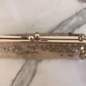 Ann Taylor LOFT Gold Sequin Jewelled Clasp Hidden Shoulder Chain Clutch Bag